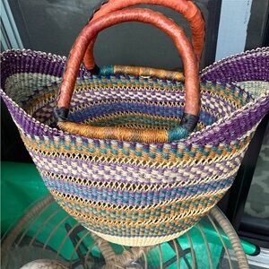 Handwoven Multicolor Straw Tote Bag with Leather Handles